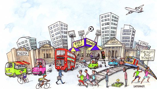 UK city life cartoon illustration